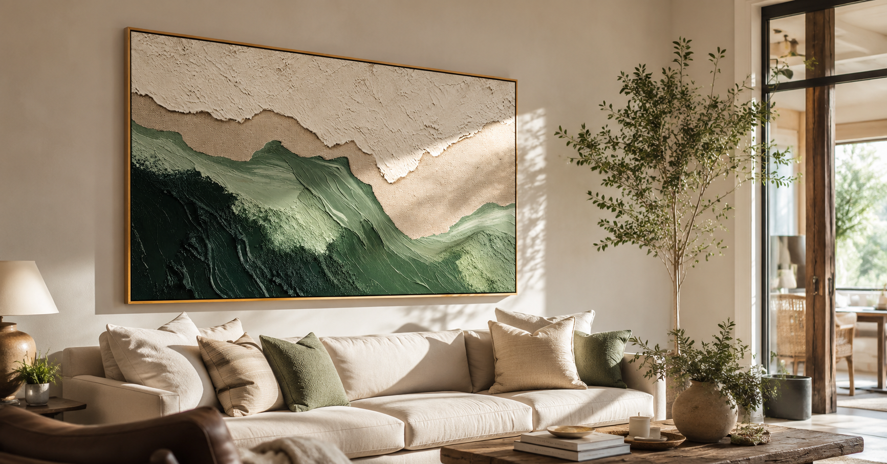 "Sage Ridge" - 3D Wabi-Sabi Mountain Relief | Green Beige & White Textured Landscape Art