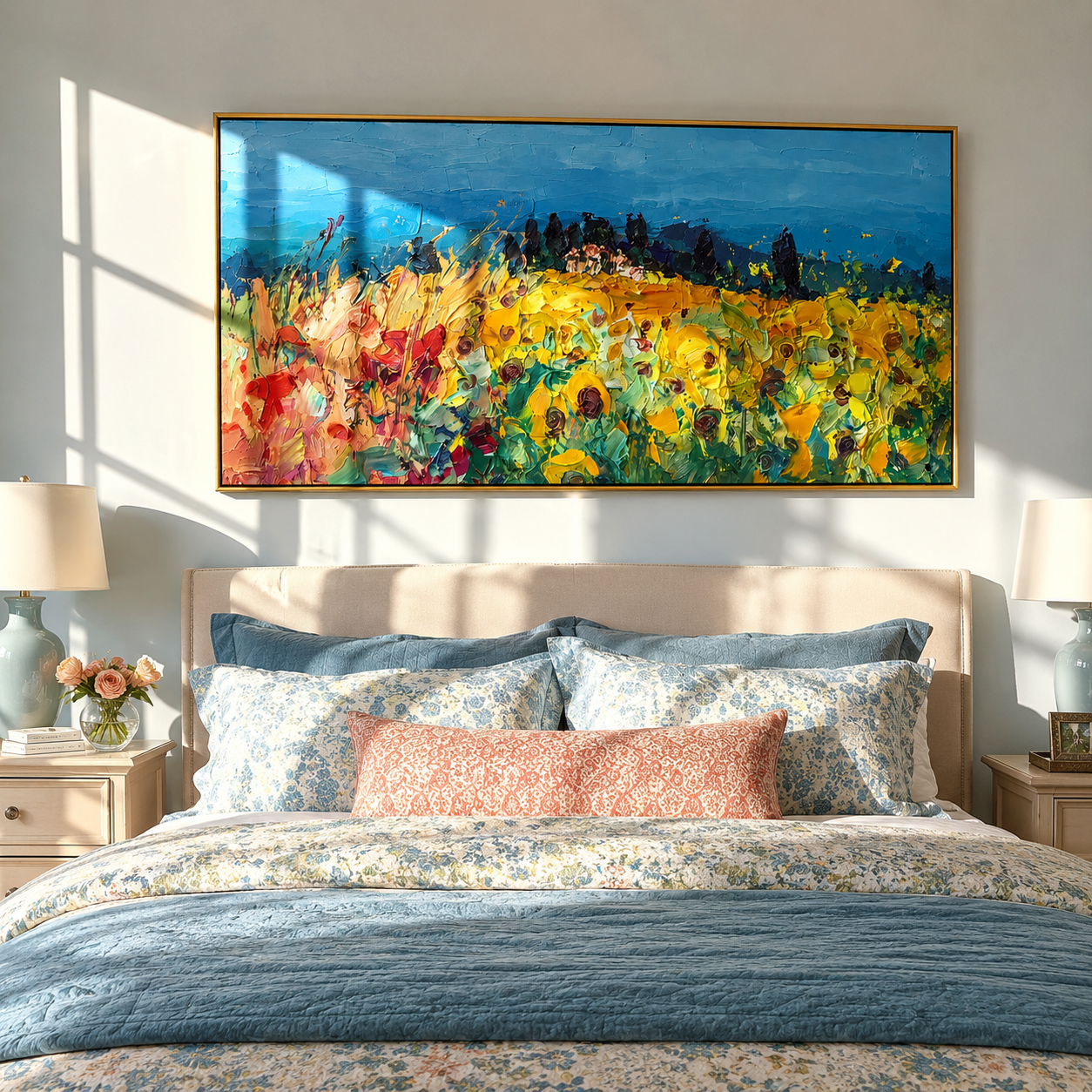 "Meadow Rhapsody" - Colorful Impasto Flower Field Landscape | Blue Sky & Yellow Bloom Wall Art