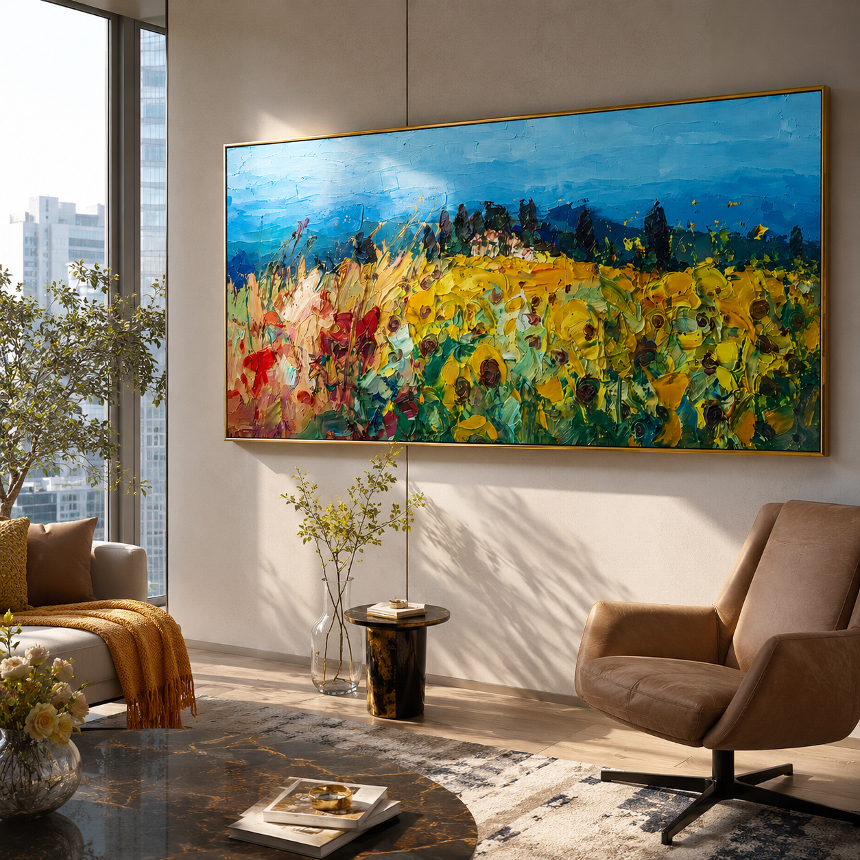 "Meadow Rhapsody" - Colorful Impasto Flower Field Landscape | Blue Sky & Yellow Bloom Wall Art