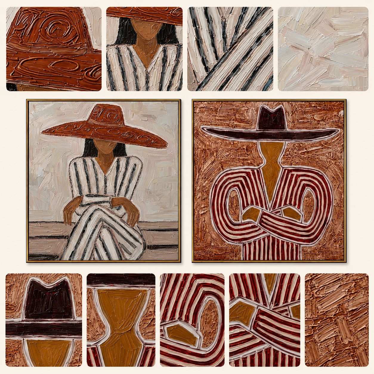 "Twin Matador Poise" – Textured Figurative Oil Painting Set|3D Textured Western Figurative Painting | Warm Terracotta & Charcoal Square Wall Art#VA607