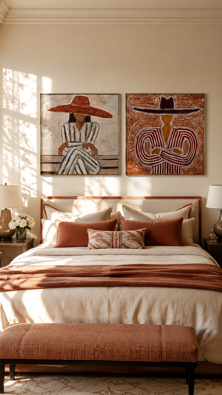 "Twin Matador Poise" – Textured Figurative Oil Painting Set|3D Textured Western Figurative Painting | Warm Terracotta & Charcoal Square Wall Art#VA607
