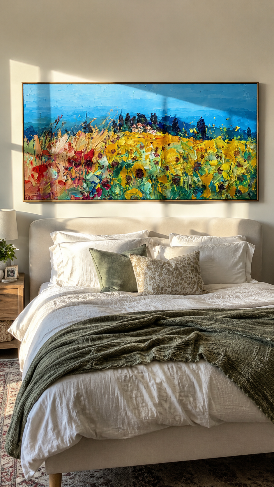 "Meadow Rhapsody" - Colorful Impasto Flower Field Landscape | Blue Sky & Yellow Bloom Wall Art