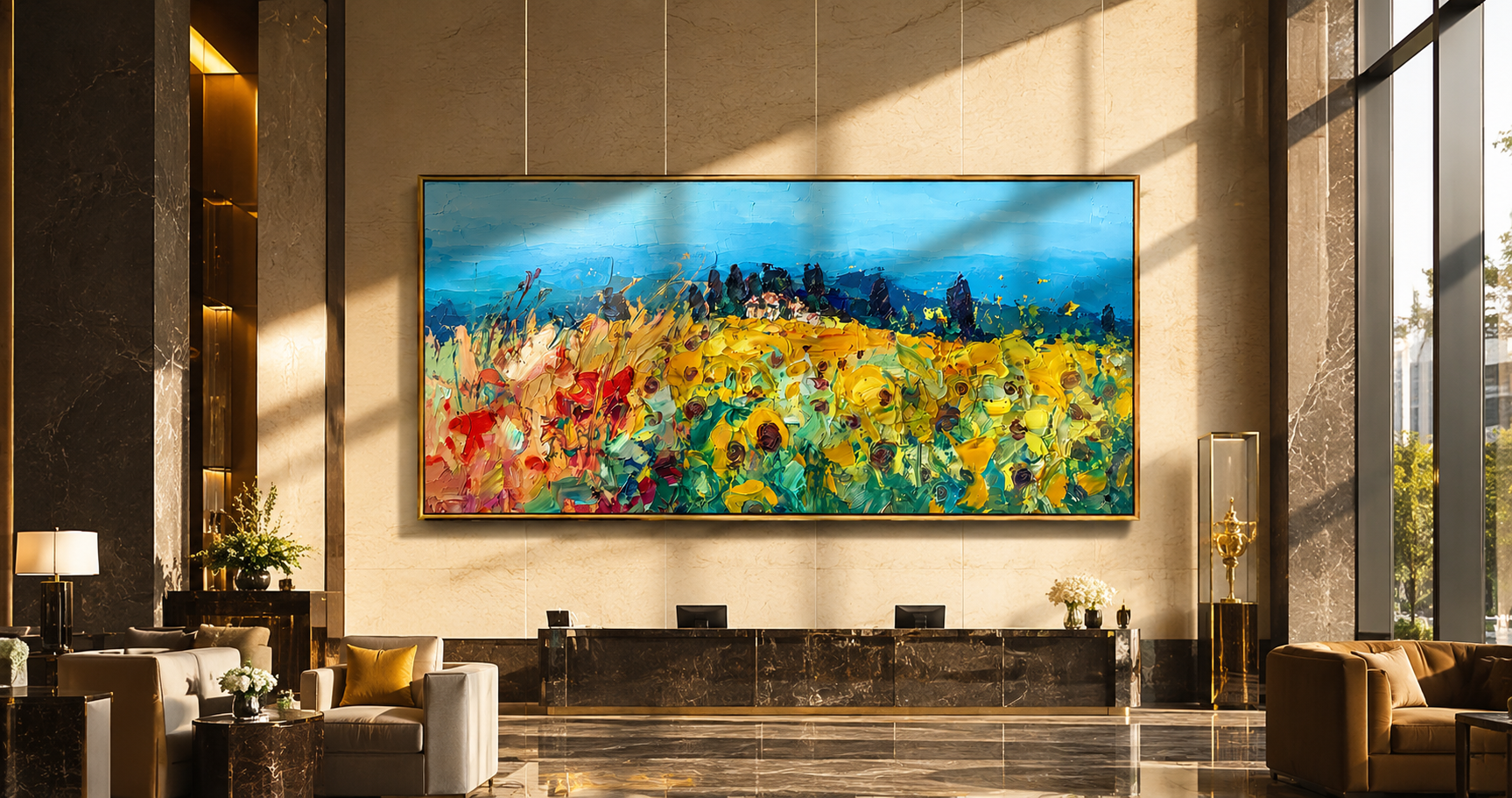 "Meadow Rhapsody" - Colorful Impasto Flower Field Landscape | Blue Sky & Yellow Bloom Wall Art