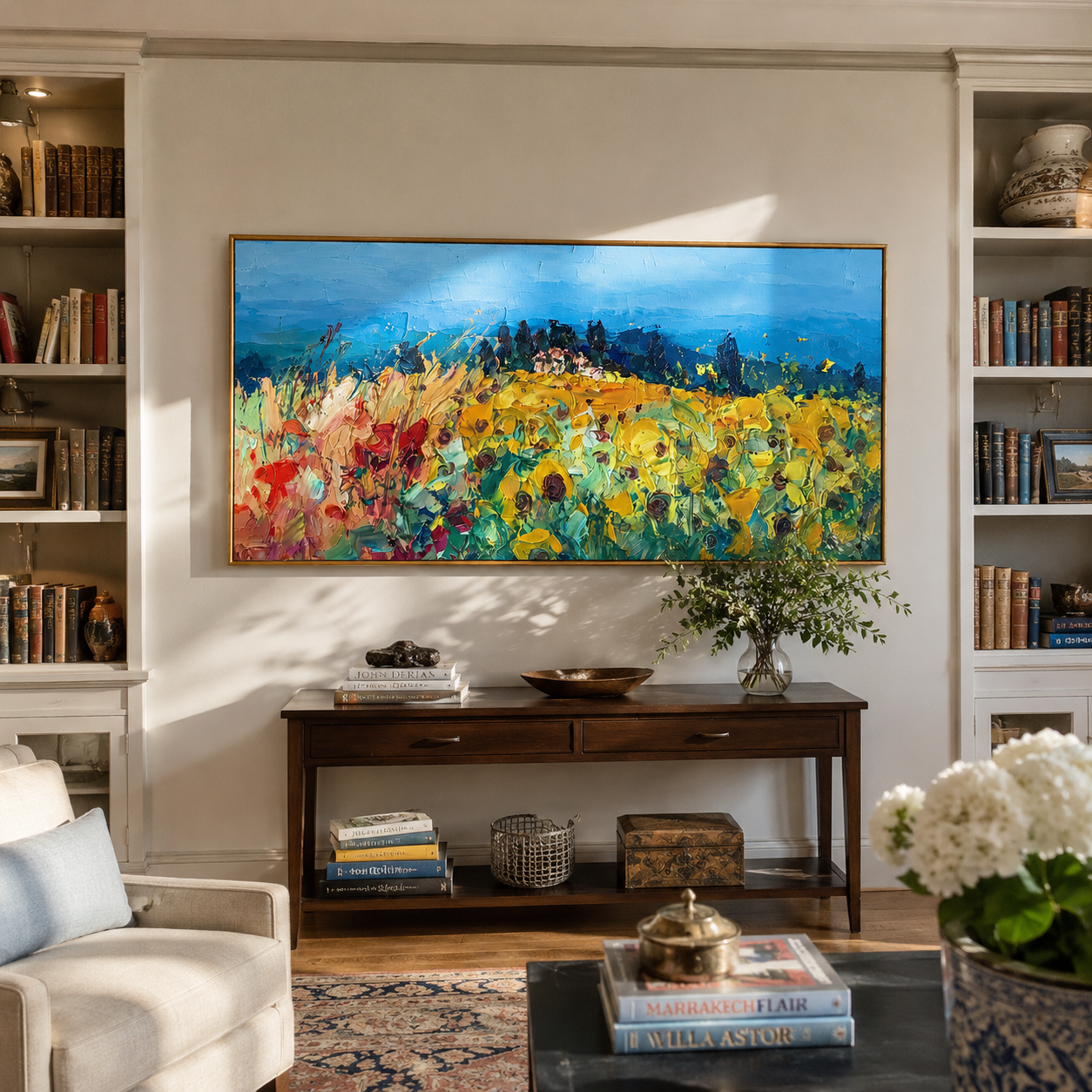 "Meadow Rhapsody" - Colorful Impasto Flower Field Landscape | Blue Sky & Yellow Bloom Wall Art