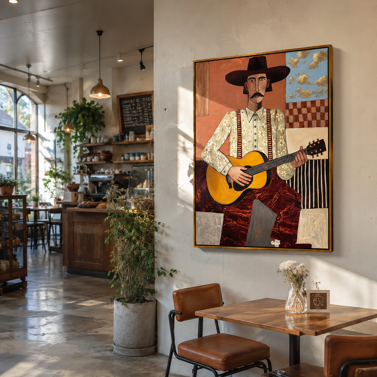 "The Western Balladeer" – Folk Impasto Portrait Art | 3D Terracotta & Sage Palette Knife Painting | Luxury Vertical Wall Art #PE 012