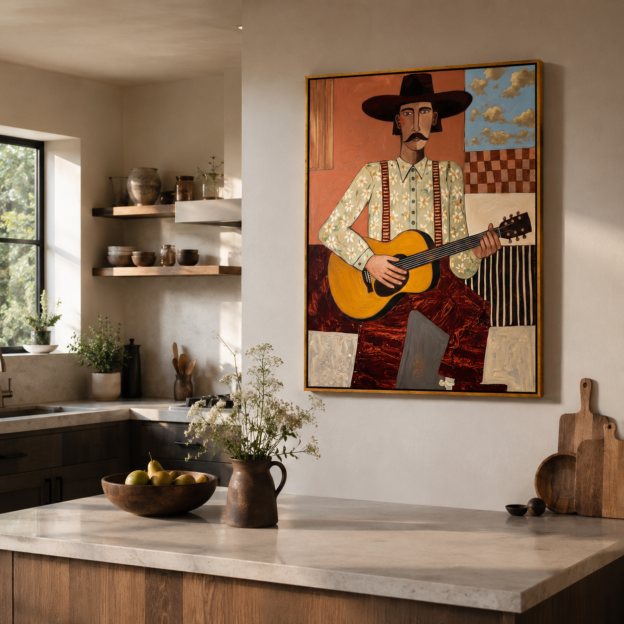 "The Western Balladeer" – Folk Impasto Portrait Art | 3D Terracotta & Sage Palette Knife Painting | Luxury Vertical Wall Art #PE 012