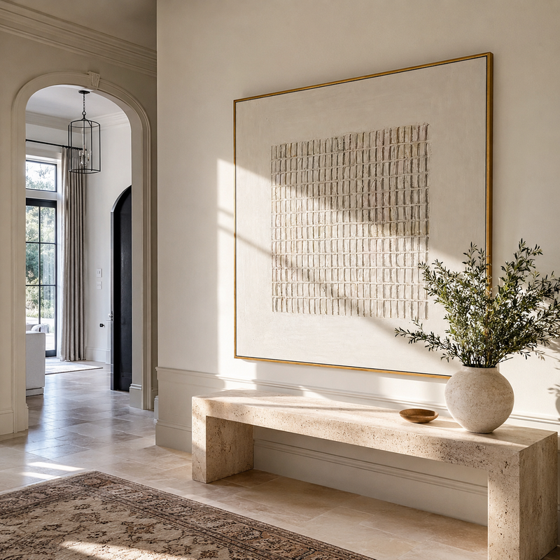 "Linen Weave" - 3D Minimalist Plaster Grid Relief | Ivory & Cream Textured Square Art