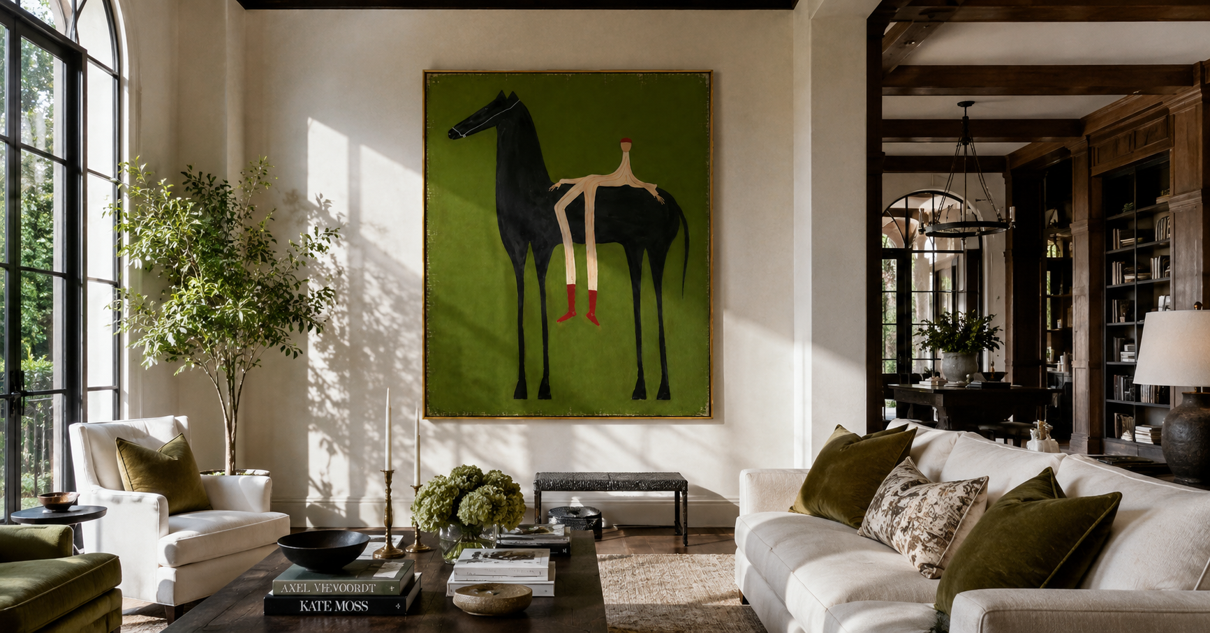 "The Rider" - Contemporary Naive Horse & Figure | Olive Green & Black Statement Art