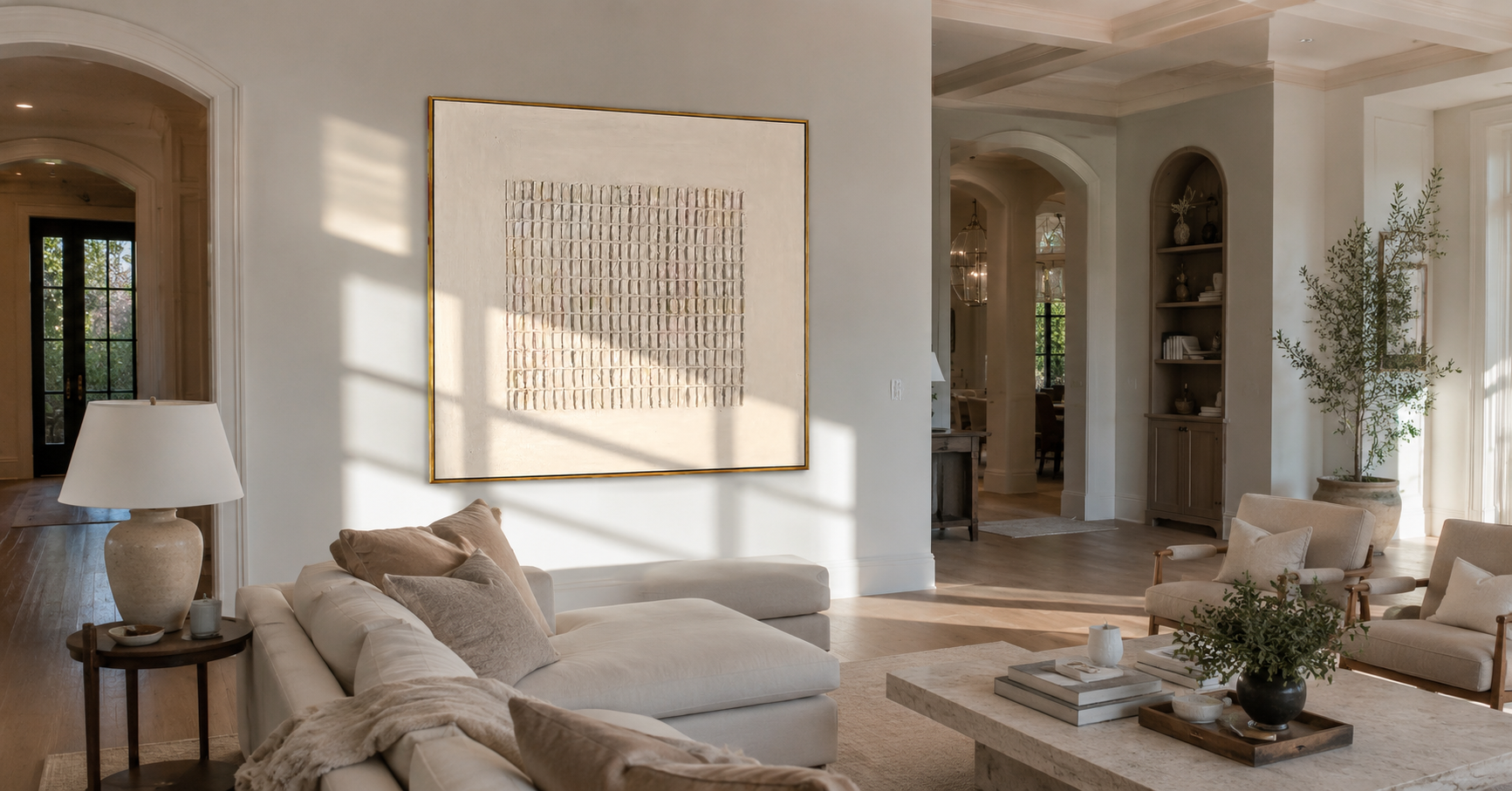 "Linen Weave" - 3D Minimalist Plaster Grid Relief | Ivory & Cream Textured Square Art
