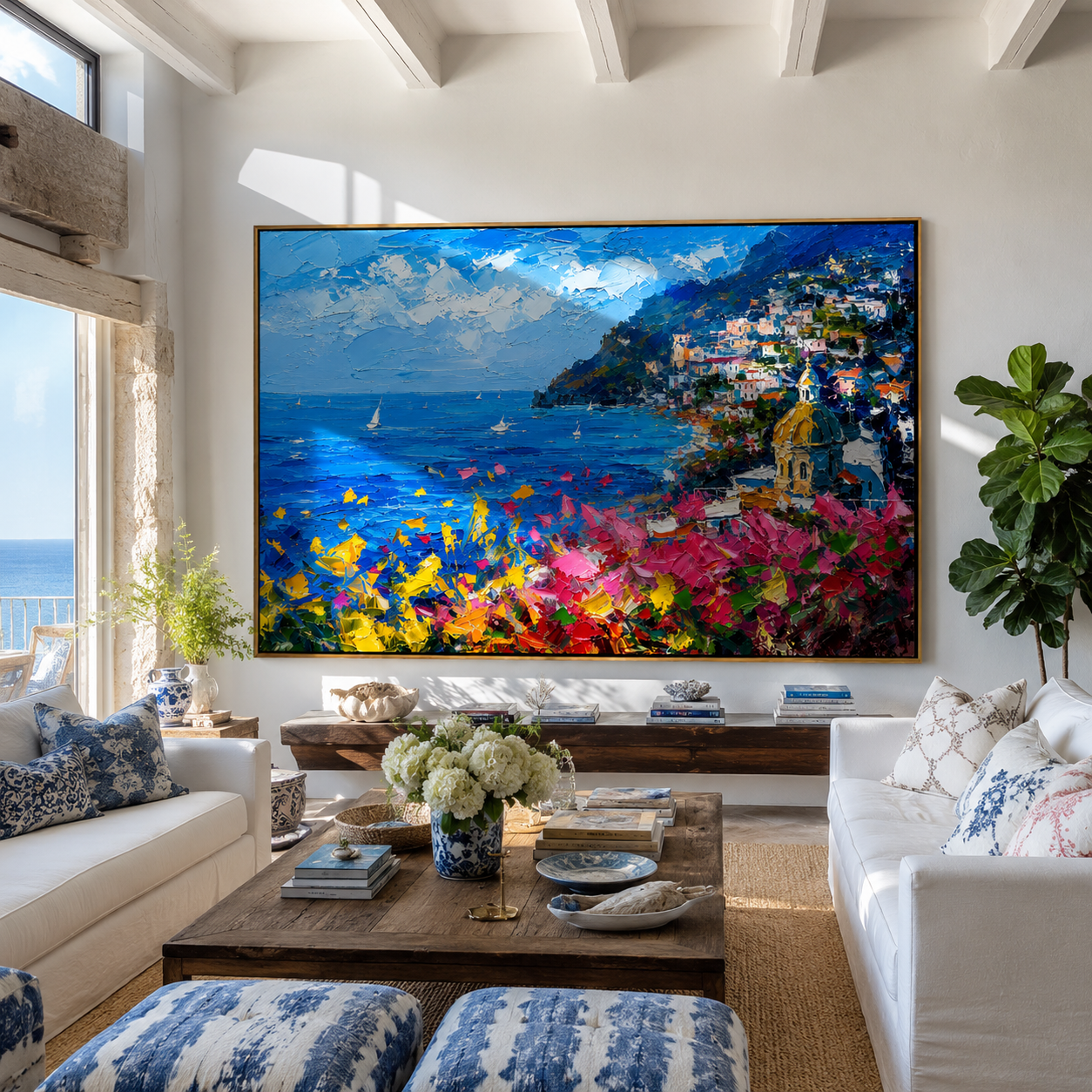 "Positano Dream" - Impressionist Mediterranean Coastal Village | Vivid Blue & Pink Landscape Art