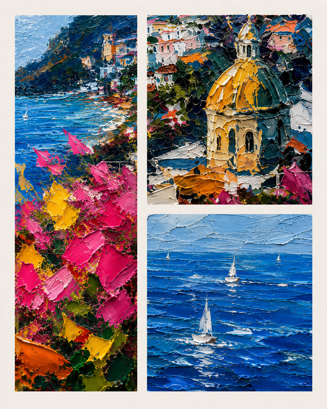 "Positano Dream" - Impressionist Mediterranean Coastal Village | Vivid Blue & Pink Landscape Art