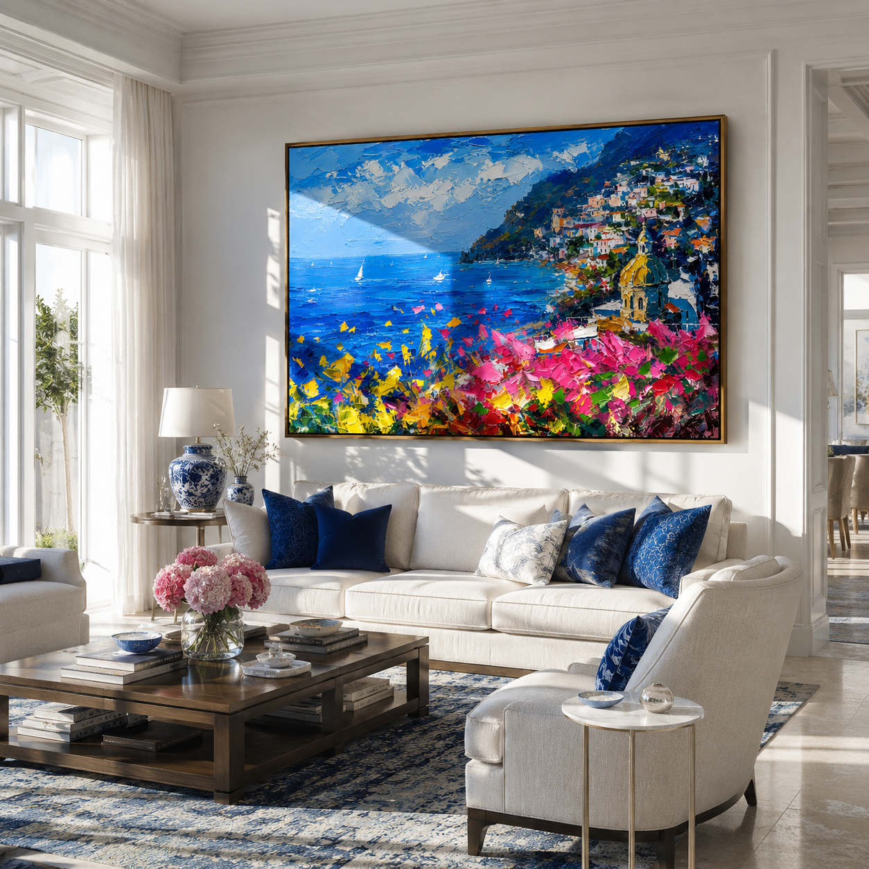 "Positano Dream" - Impressionist Mediterranean Coastal Village | Vivid Blue & Pink Landscape Art