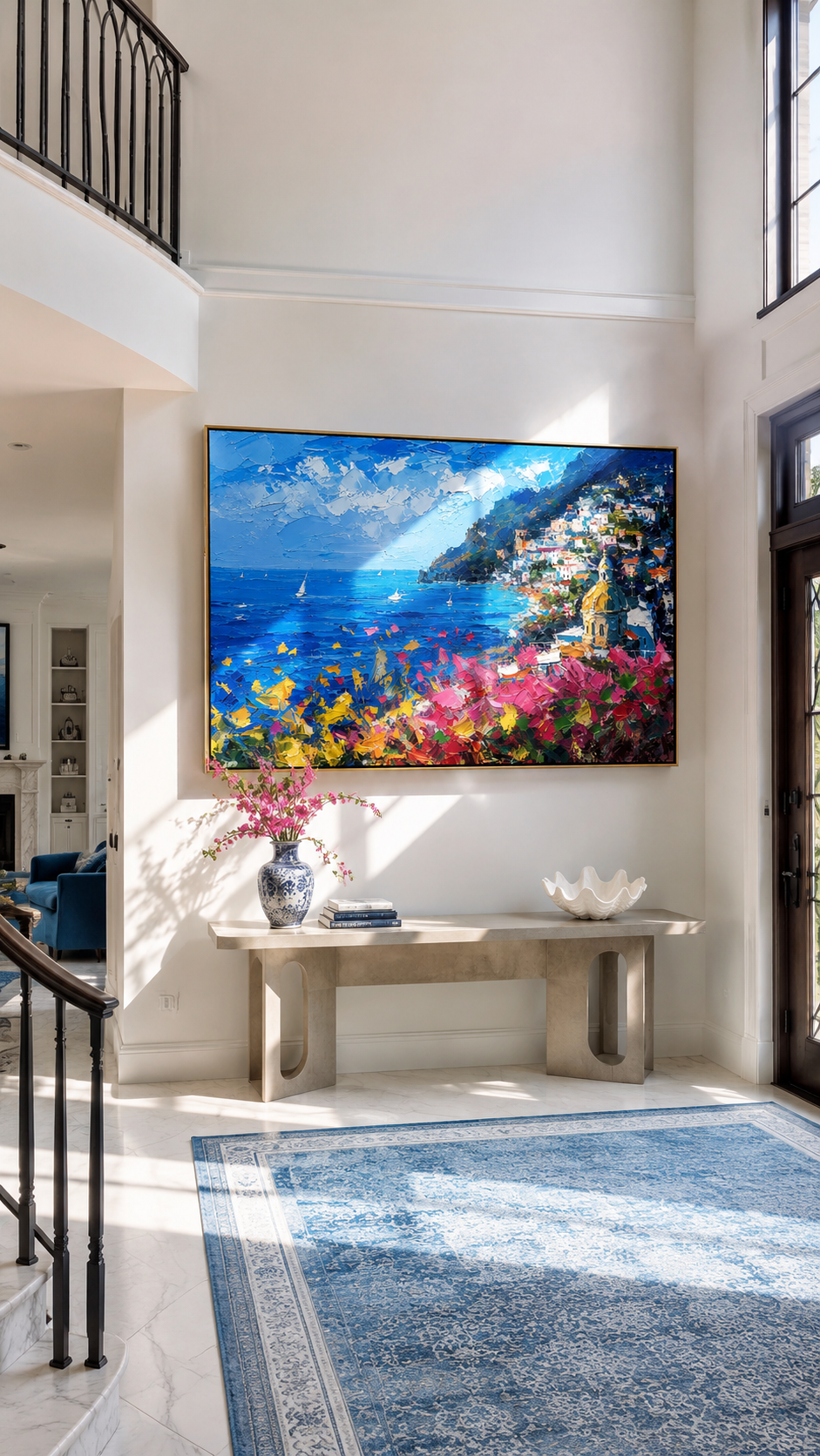 "Positano Dream" - Impressionist Mediterranean Coastal Village | Vivid Blue & Pink Landscape Art