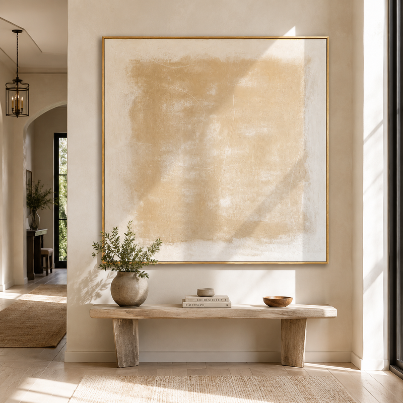"Sandy Veil" - Minimalist Contemporary Abstract | Warm Sand & Cream Square Statement Art