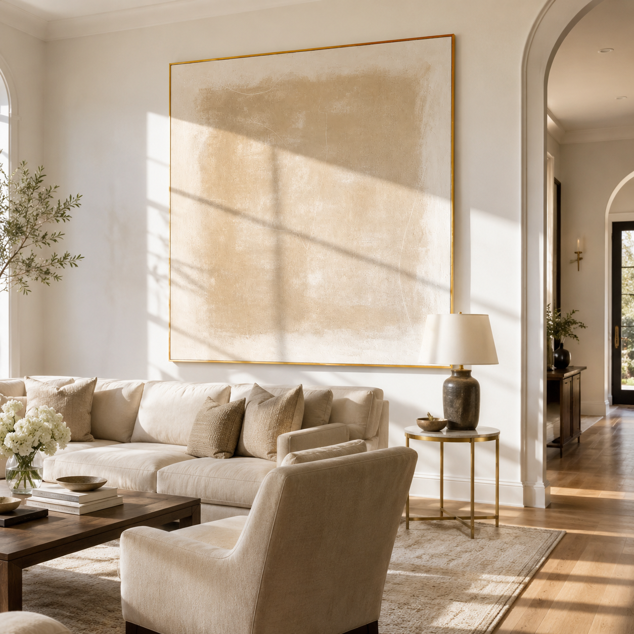 "Sandy Veil" - Minimalist Contemporary Abstract | Warm Sand & Cream Square Statement Art