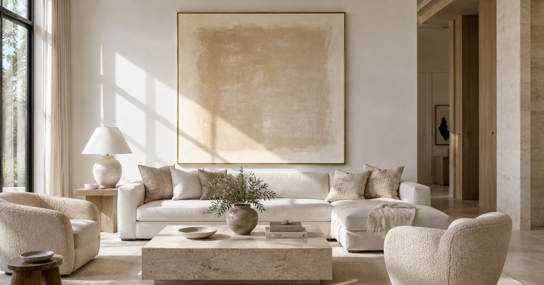 "Sandy Veil" - Minimalist Contemporary Abstract | Warm Sand & Cream Square Statement Art