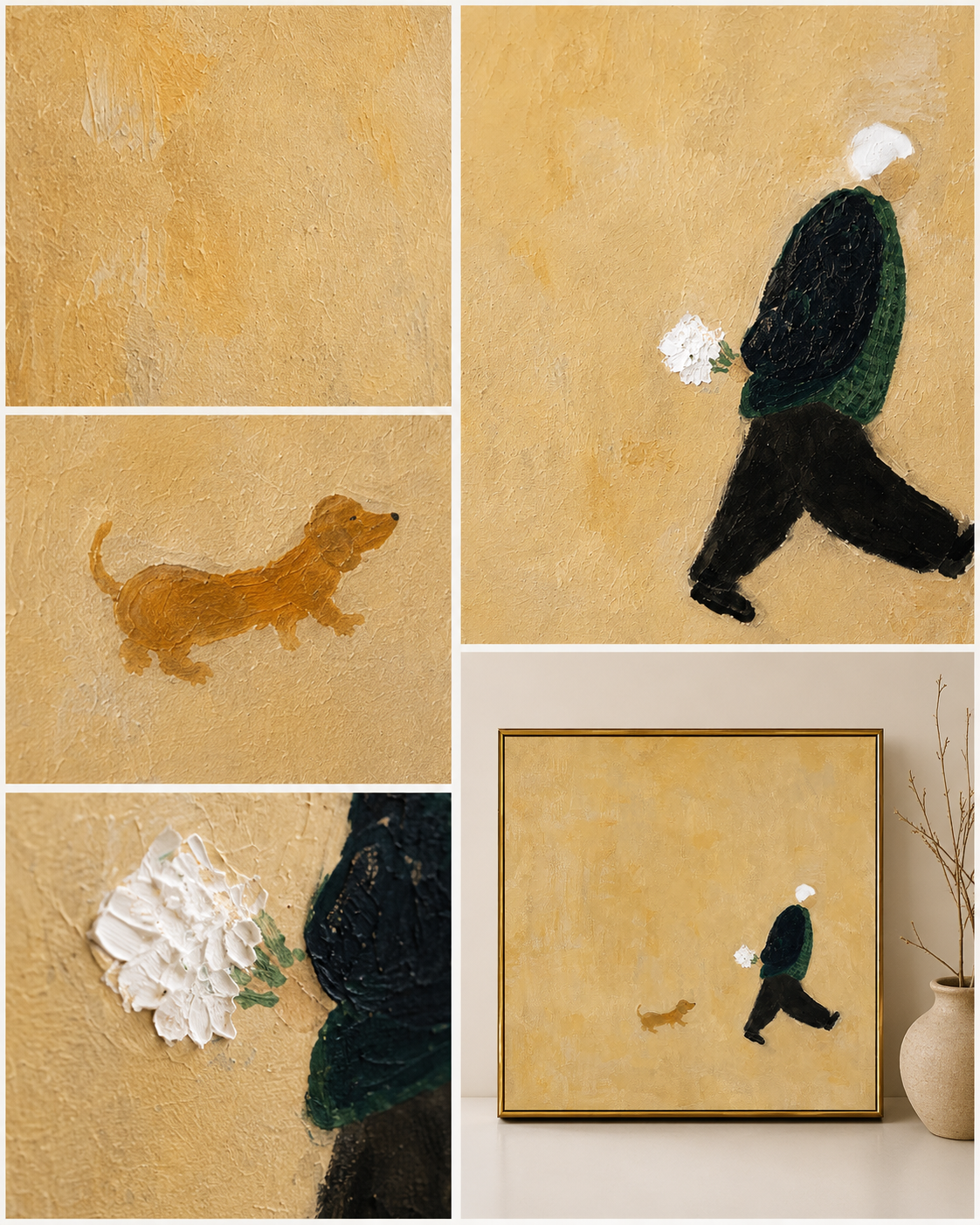 "Little Companion" - Minimalist Figure With Dog | Warm Beige Contemporary Square Art