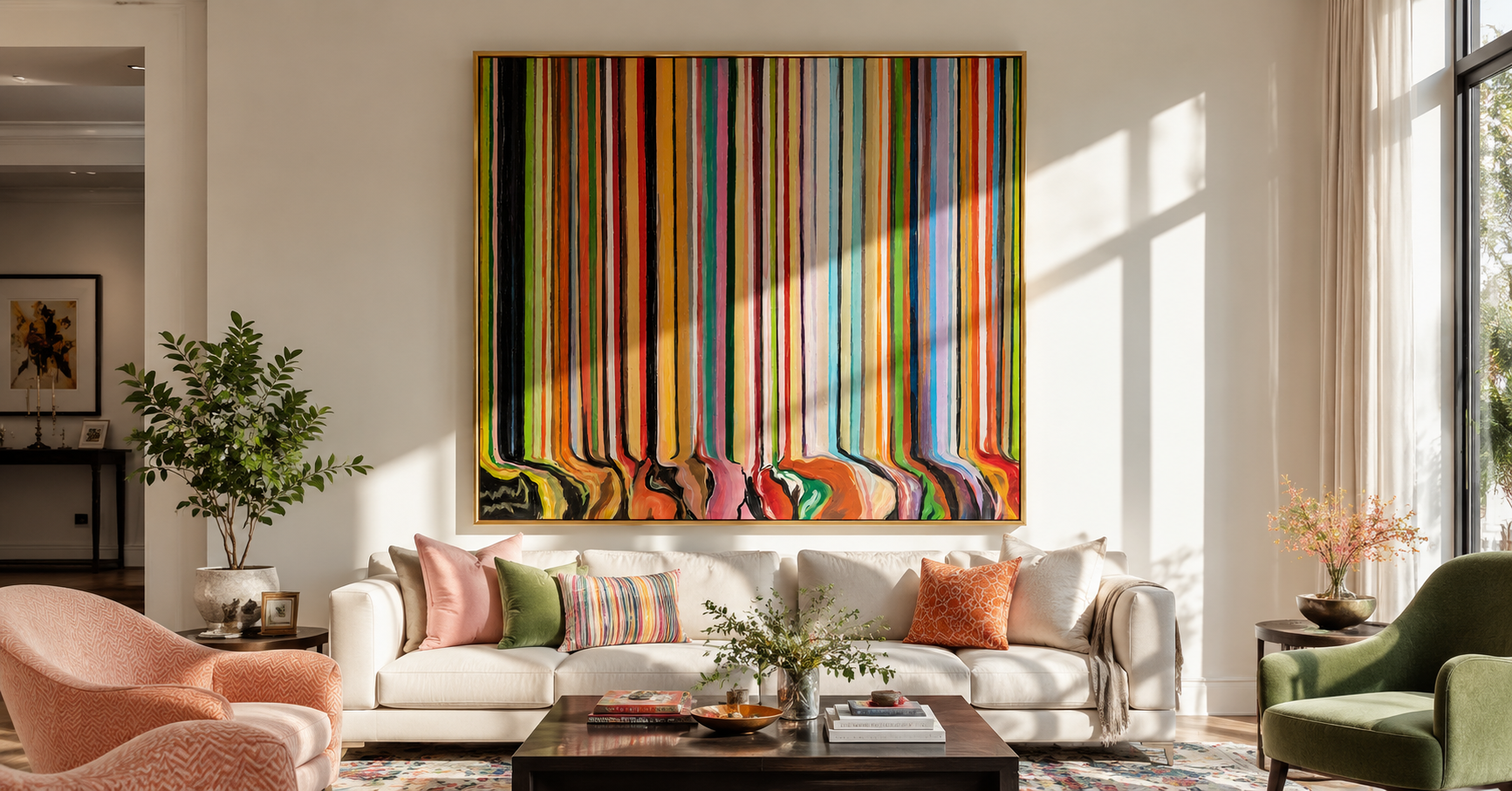"Chromatic Veil" - Vertical Color Stripe Abstract | Multicolor Drip Statement Art