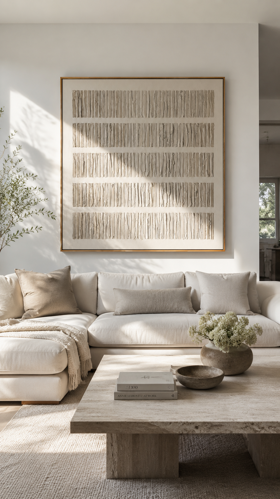 "Quiet Strata" - 3D Minimalist Plaster Line Relief | Ivory White Square Textured Art