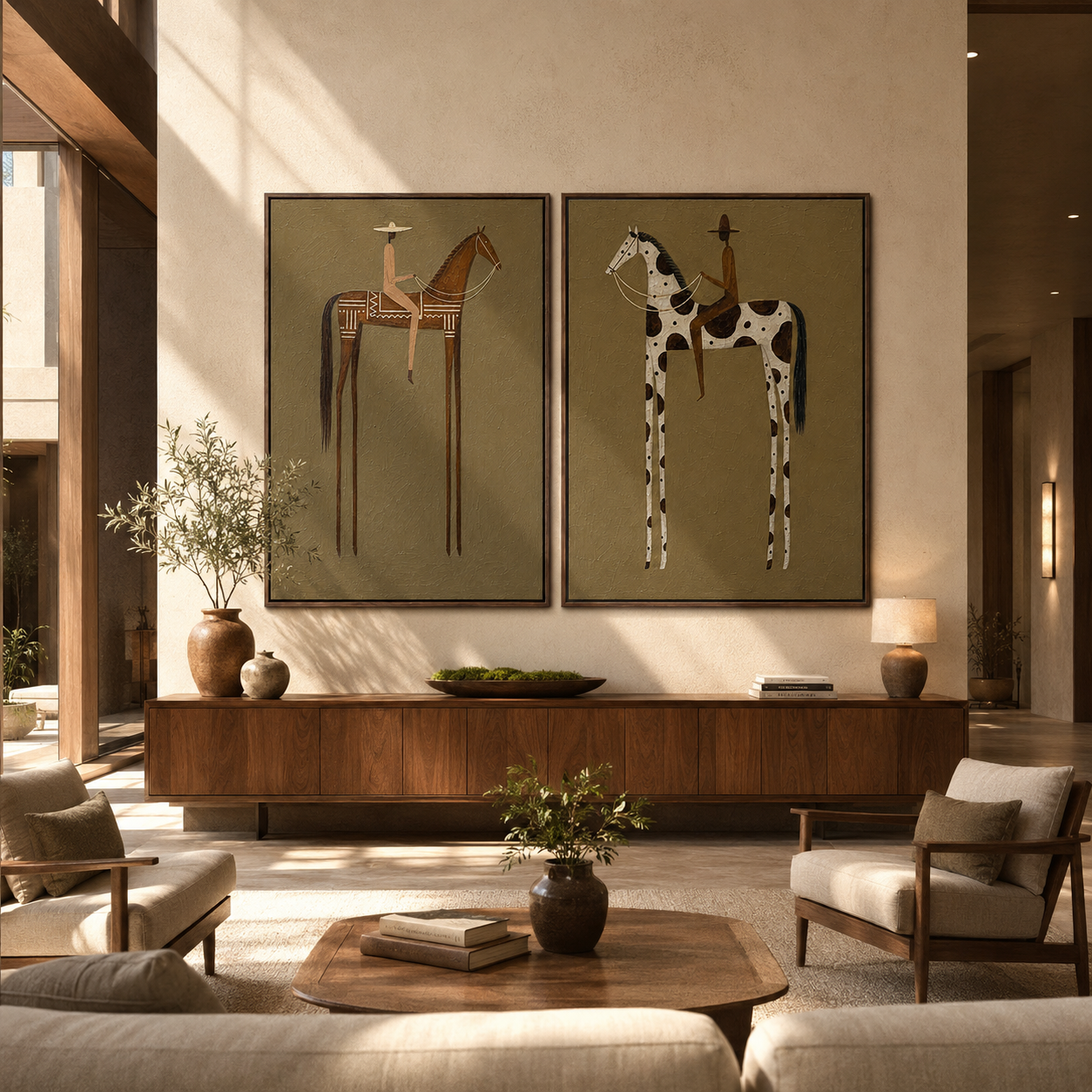 "Silent Saddle Duo" —3D Textured Western Figurative Oil Painting Set | Warm Olive & Terracotta Horse Rider Wall Art #yk601
