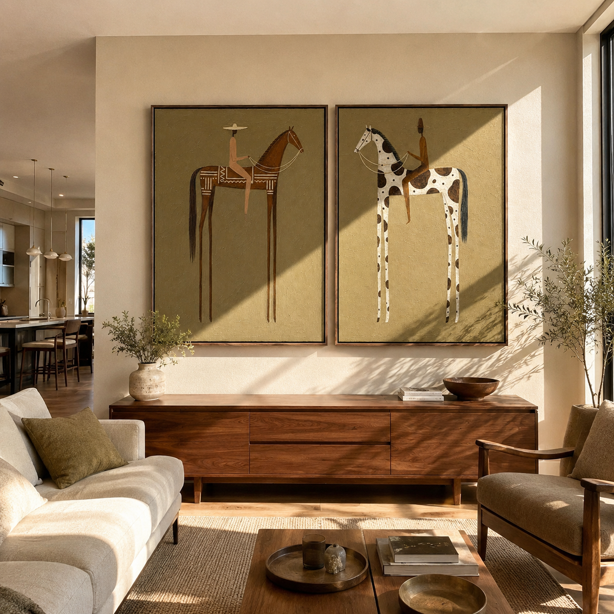 "Silent Saddle Duo" —3D Textured Western Figurative Oil Painting Set | Warm Olive & Terracotta Horse Rider Wall Art #yk601