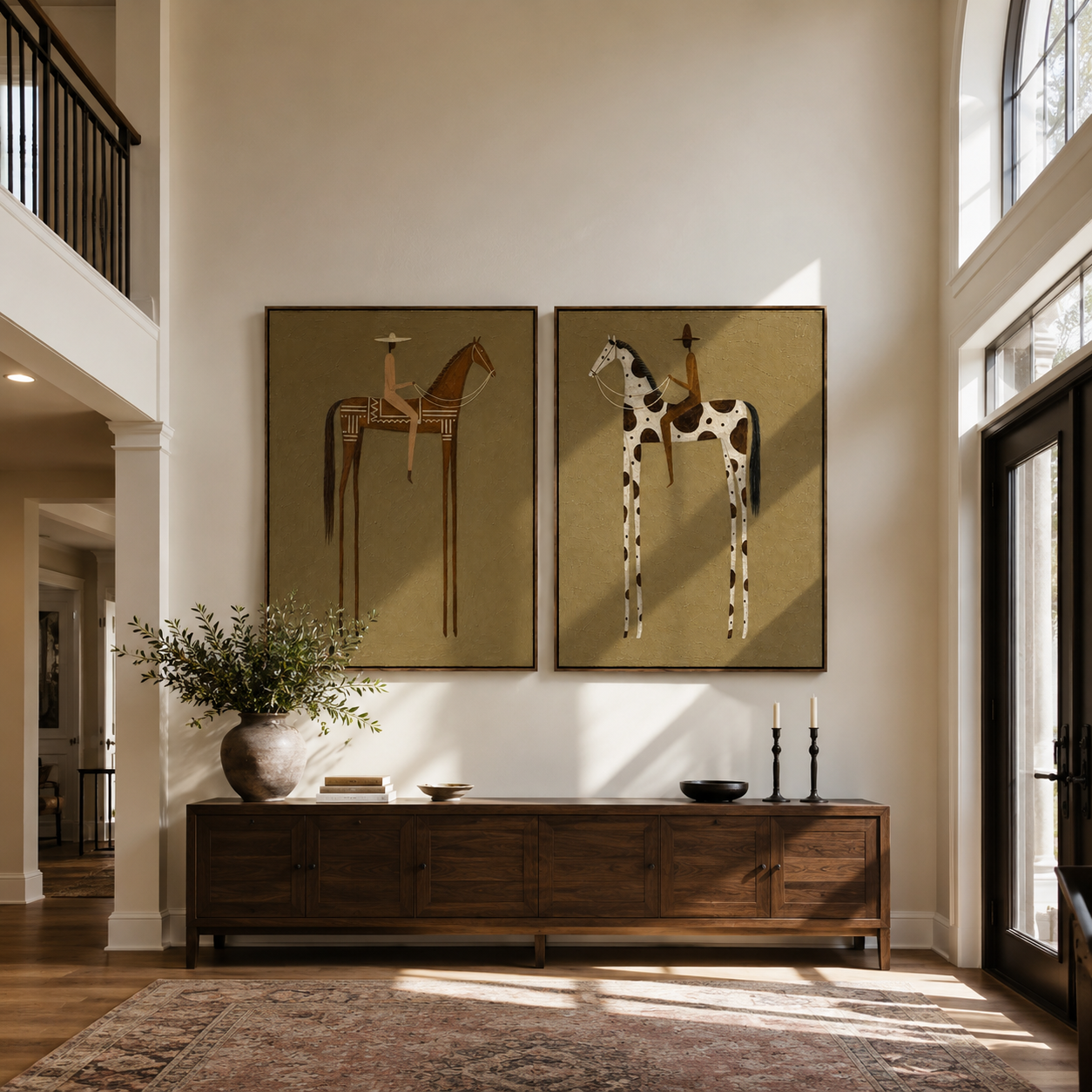 "Silent Saddle Duo" —3D Textured Western Figurative Oil Painting Set | Warm Olive & Terracotta Horse Rider Wall Art #yk601