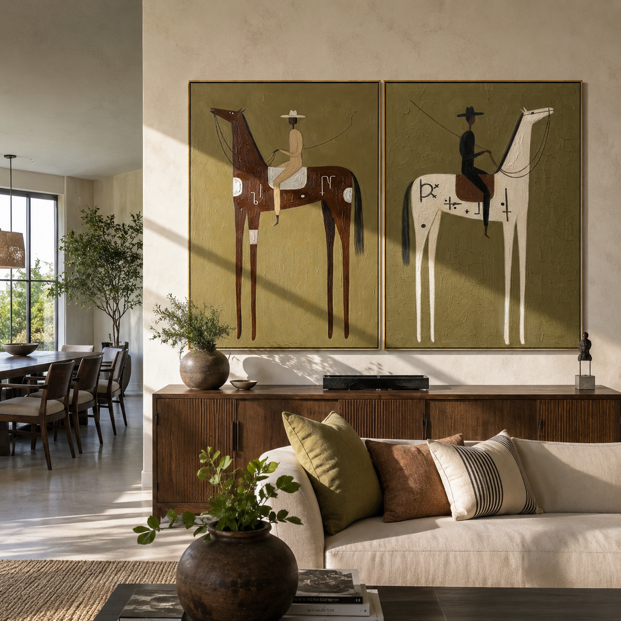 "Where Silence Rides" — 3D Textured Abstract Western Rider Wall Art Set | Olive & Umber Framed Diptych#VA618