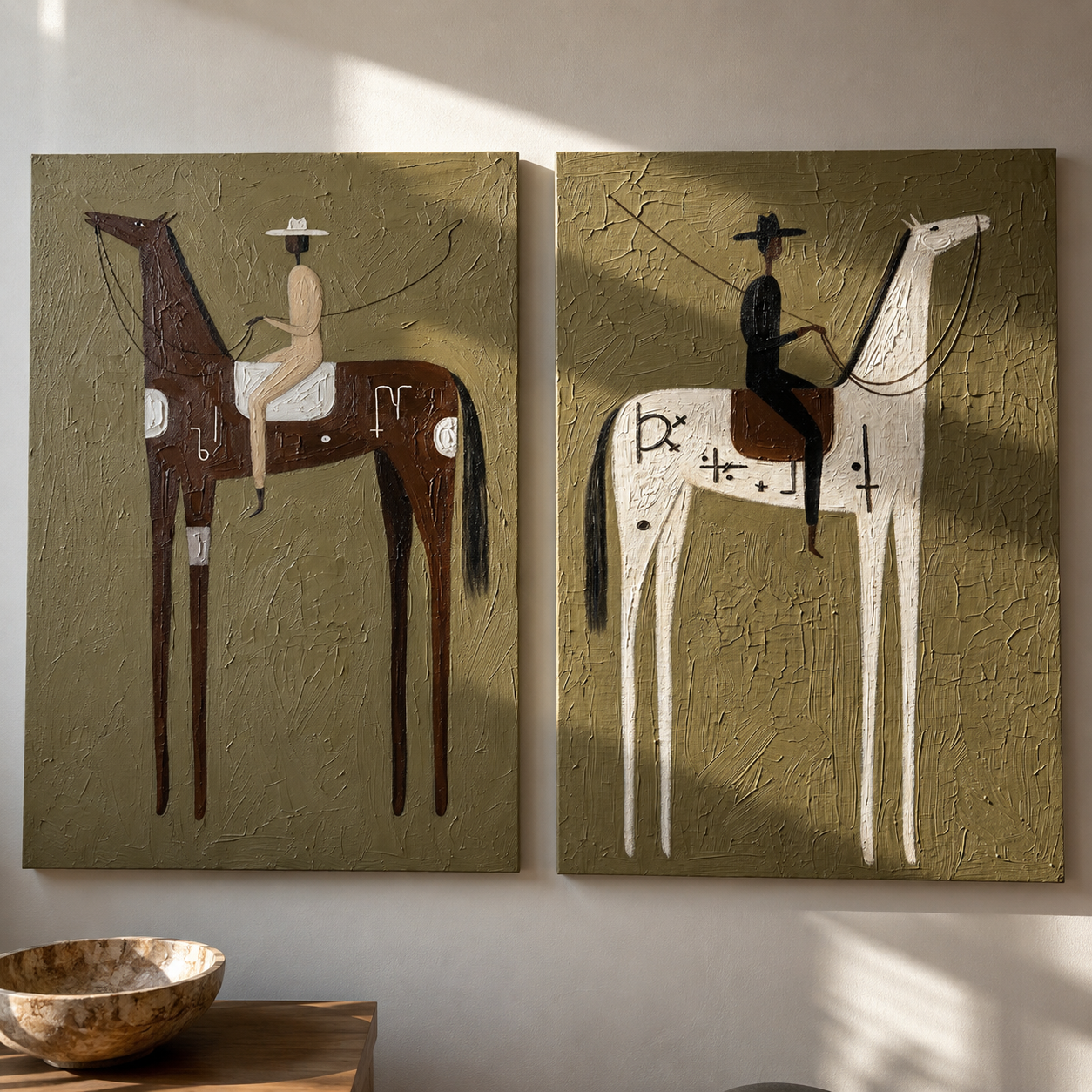 "Where Silence Rides" — 3D Textured Abstract Western Rider Wall Art Set | Olive & Umber Framed Diptych#VA618