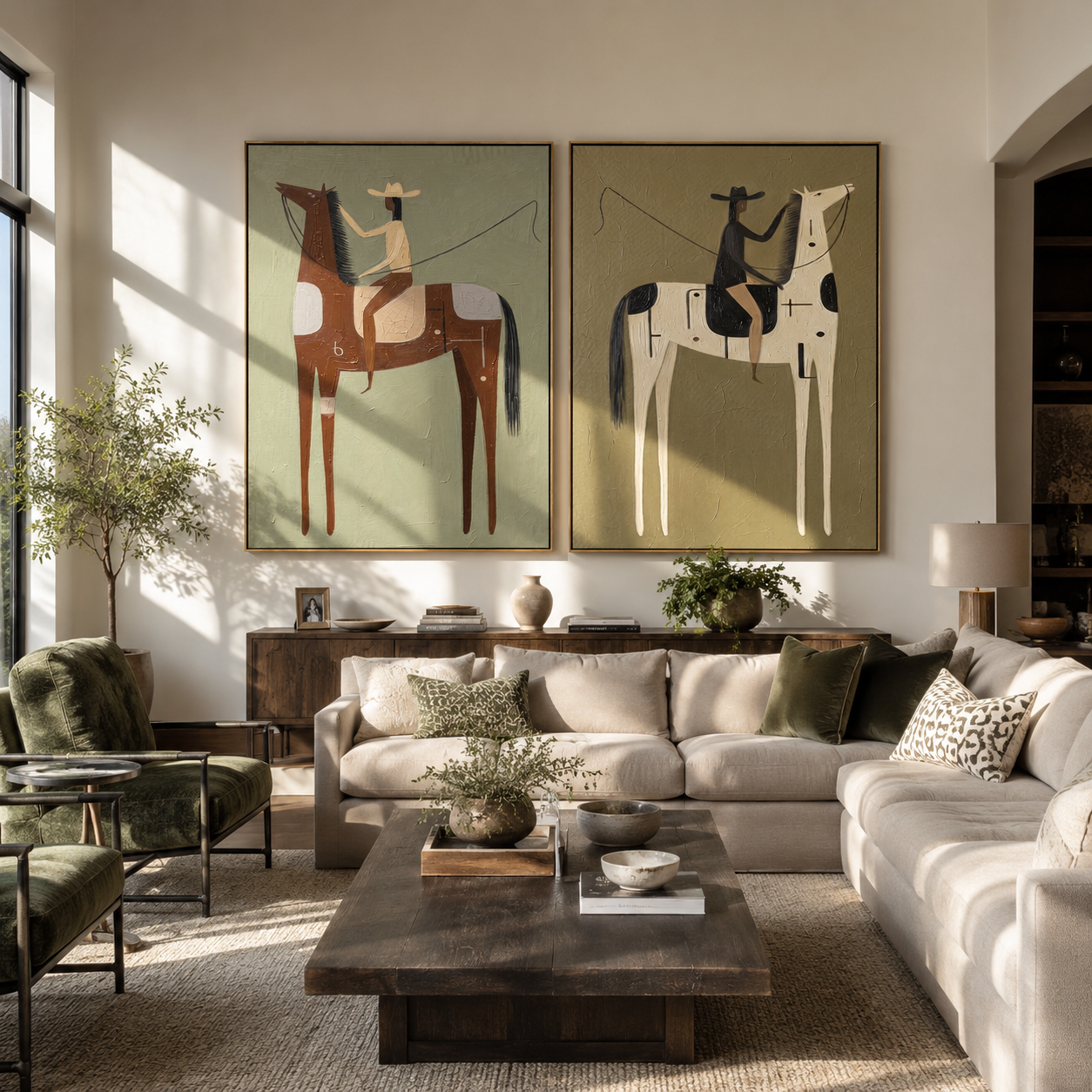 "The Distance Between Two Reins" — 3D Textured Abstract Western Rider Wall Art Set | Sage, Ivory & Umber Framed Diptych#VA626