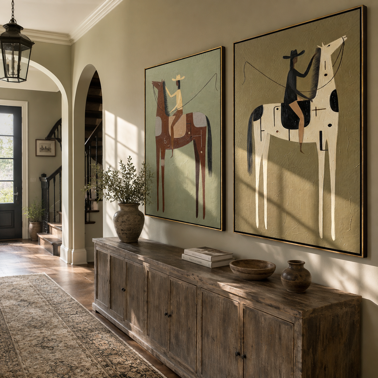 "The Distance Between Two Reins" — 3D Textured Abstract Western Rider Wall Art Set | Sage, Ivory & Umber Framed Diptych#VA626