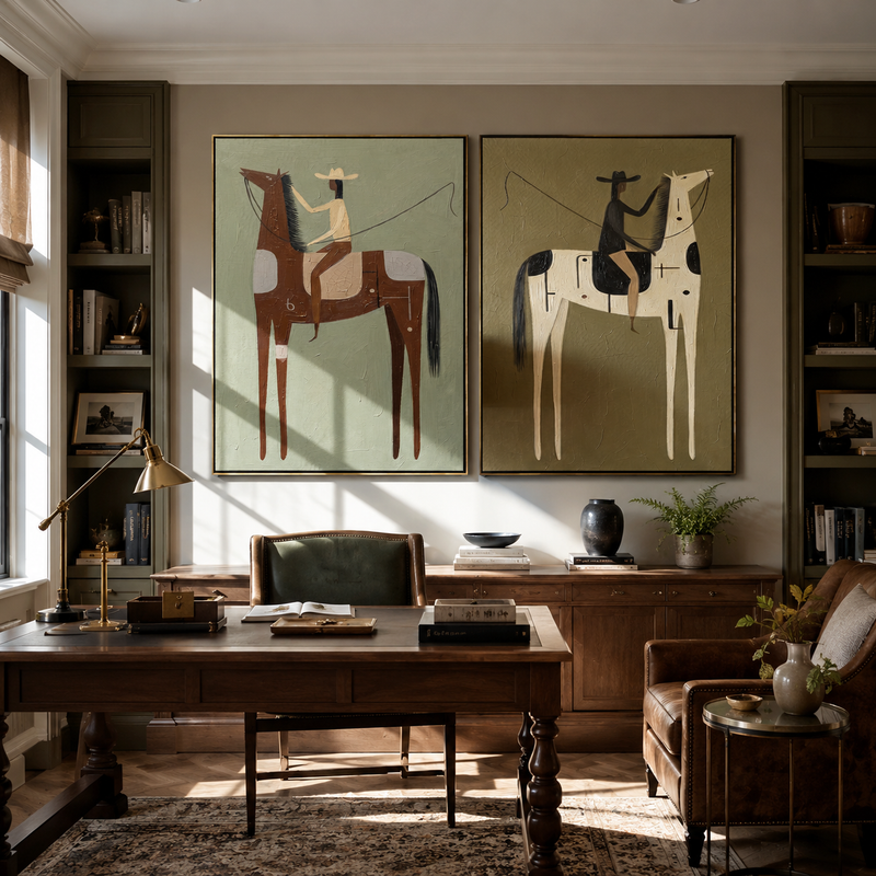 "The Distance Between Two Reins" — 3D Textured Abstract Western Rider Wall Art Set | Sage, Ivory & Umber Framed Diptych#VA626