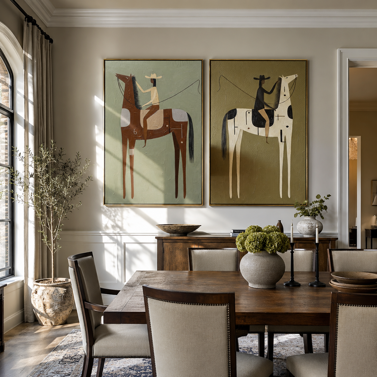 "The Distance Between Two Reins" — 3D Textured Abstract Western Rider Wall Art Set | Sage, Ivory & Umber Framed Diptych#VA626