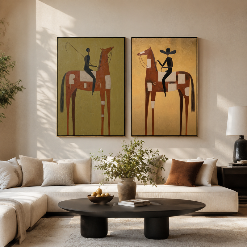"Whispers of the Western Dawn" — 3D Textured Abstract Equestrian Wall Art Set | Terra & Ochre Framed Diptych#VA625
