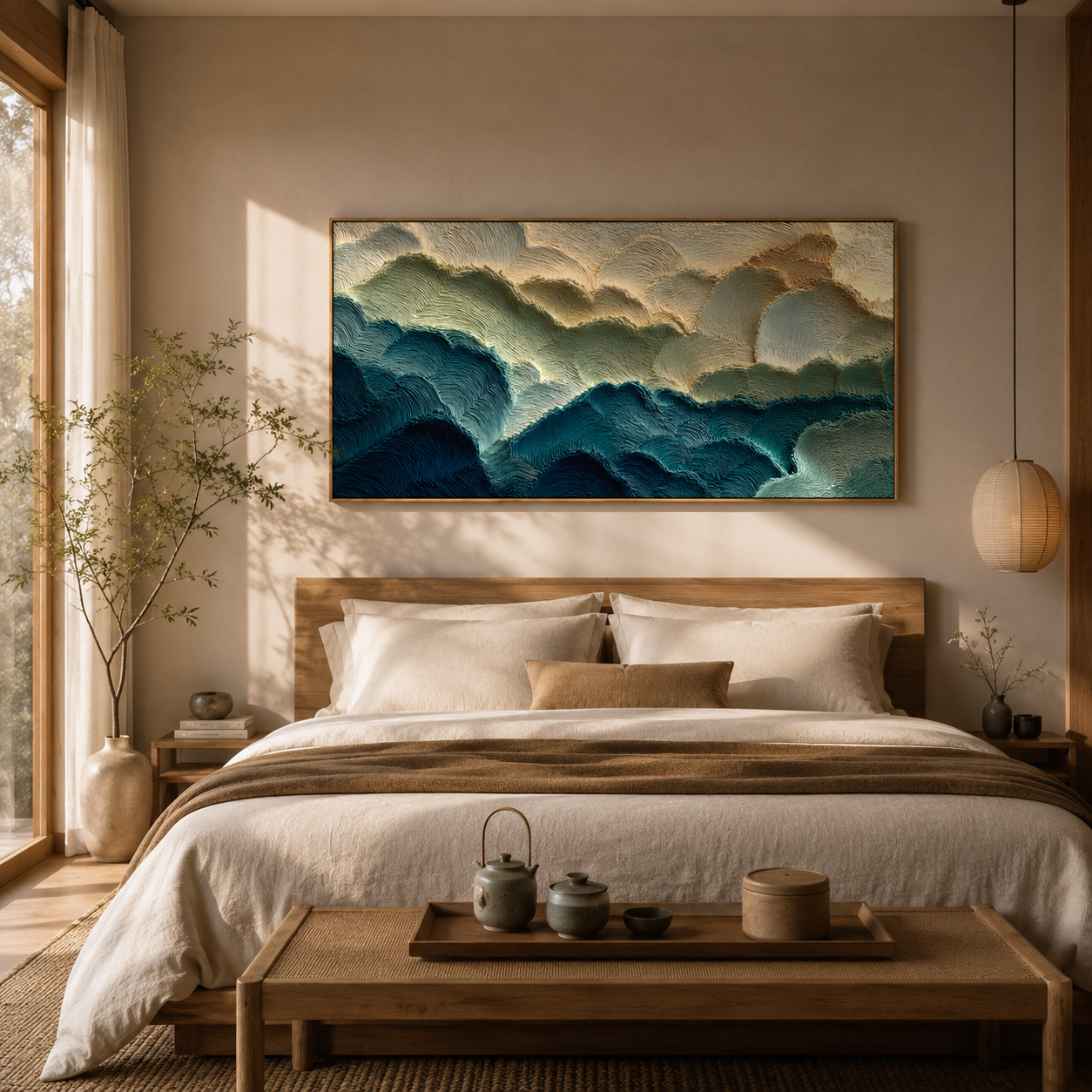 "Textured Coastal Tides" – Tactile Abstract Landscape Art | Deep Blue, Sage & Off-White Impasto Wall Decor | Contemporary Horizontal Art# PT 010