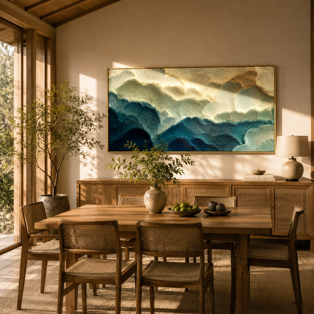 "Textured Coastal Tides" – Tactile Abstract Landscape Art | Deep Blue, Sage & Off-White Impasto Wall Decor | Contemporary Horizontal Art# PT 010