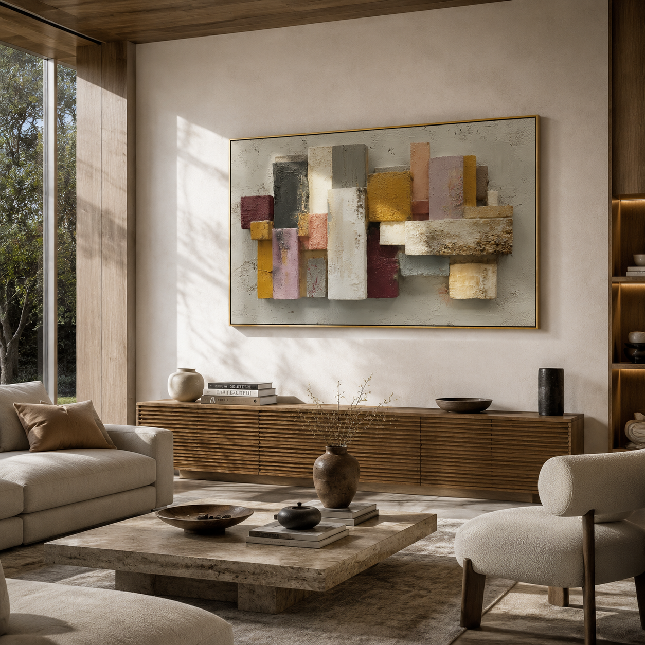 "Raised Color Blocks" – Expressive Impasto Abstract Artwork | 3D Layered Neutral & Jewel Tone Canvas | Luxury Statement Horizontal Wall Art#PT 013