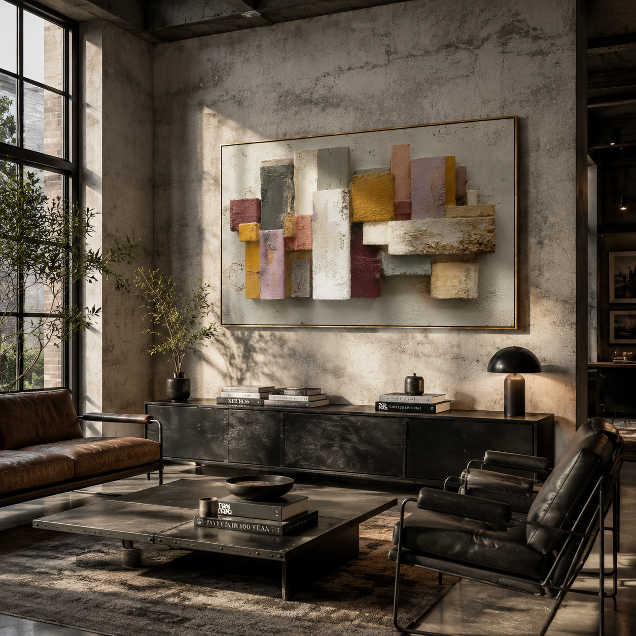 "Raised Color Blocks" – Expressive Impasto Abstract Artwork | 3D Layered Neutral & Jewel Tone Canvas | Luxury Statement Horizontal Wall Art#PT 013
