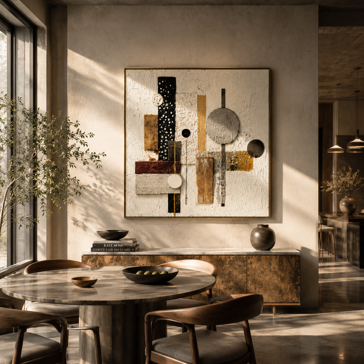 "Geometric Collage" – Modern Mixed-Media Abstract | 3D Neutral & Terracotta Textured Wall Art | Luxury Square Wall Decor# PT 015