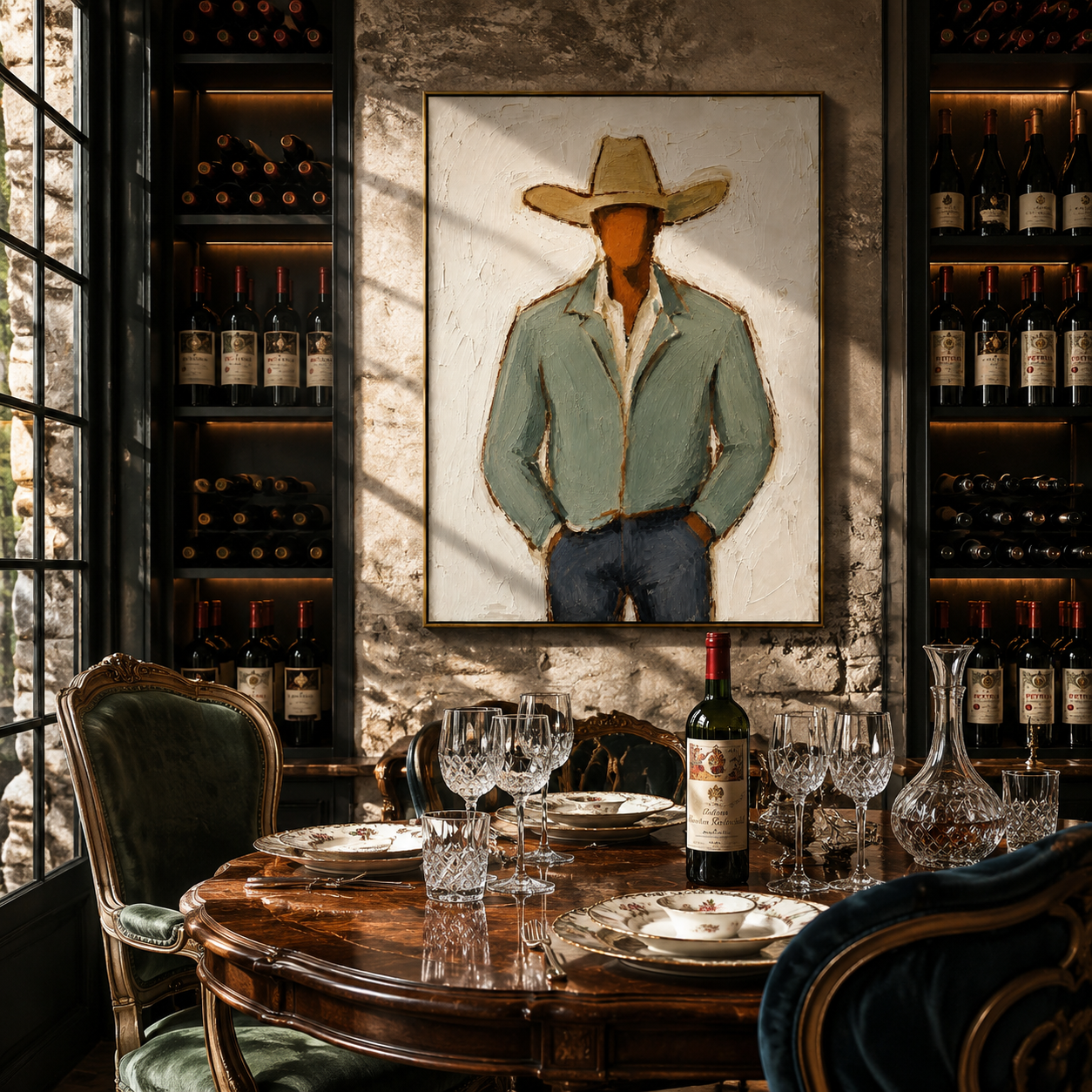 "Stylized Cowboy in Green" – Expressive Impasto Western Art | 3D Layered Neutral & Earthy Canvas | Luxury Vertical Wall Art#PE 007