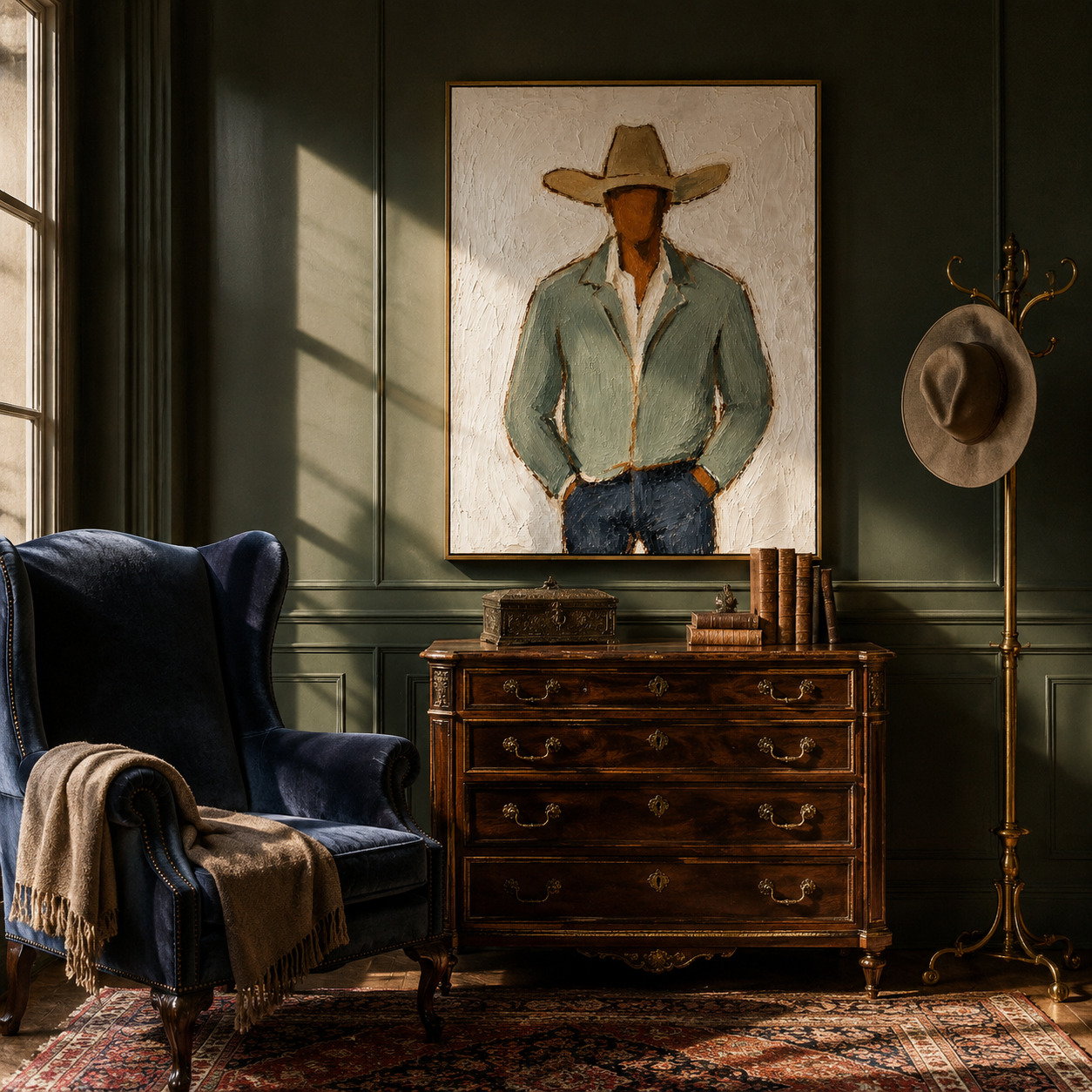 "Stylized Cowboy in Green" – Expressive Impasto Western Art | 3D Layered Neutral & Earthy Canvas | Luxury Vertical Wall Art#PE 007