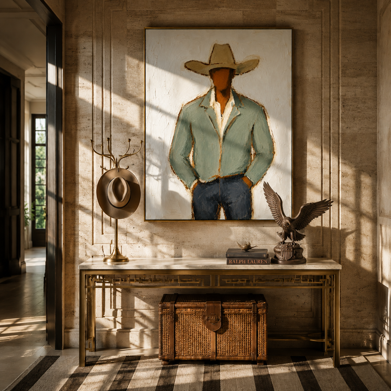 "Stylized Cowboy in Green" – Expressive Impasto Western Art | 3D Layered Neutral & Earthy Canvas | Luxury Vertical Wall Art#PE 007