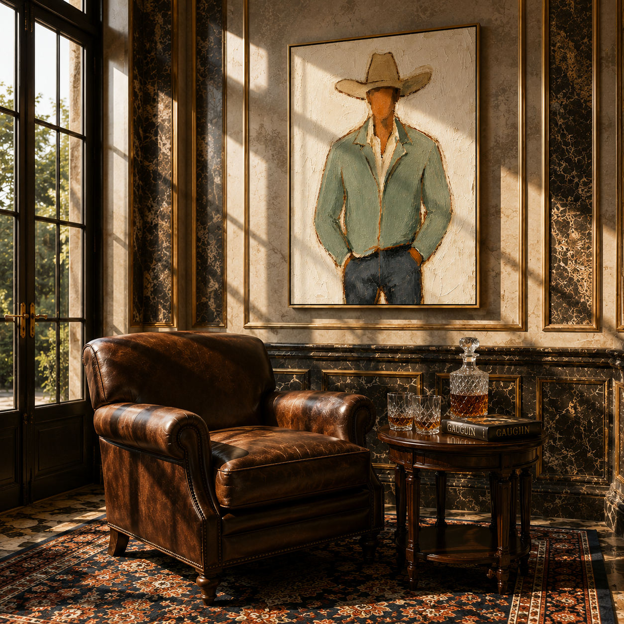 "Stylized Cowboy in Green" – Expressive Impasto Western Art | 3D Layered Neutral & Earthy Canvas | Luxury Vertical Wall Art#PE 007