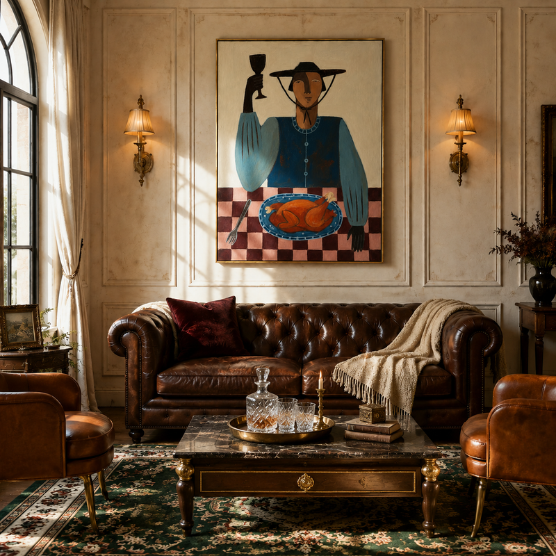 "Vintage Dinner Portrait" – Tactile Folk Art Inspired Artwork | Muted Blues & Checkered Impasto Wall Decor | Contemporary Vertical Statement Piece#PE 008
