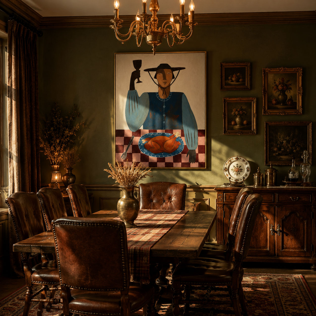 "Vintage Dinner Portrait" – Tactile Folk Art Inspired Artwork | Muted Blues & Checkered Impasto Wall Decor | Contemporary Vertical Statement Piece#PE 008