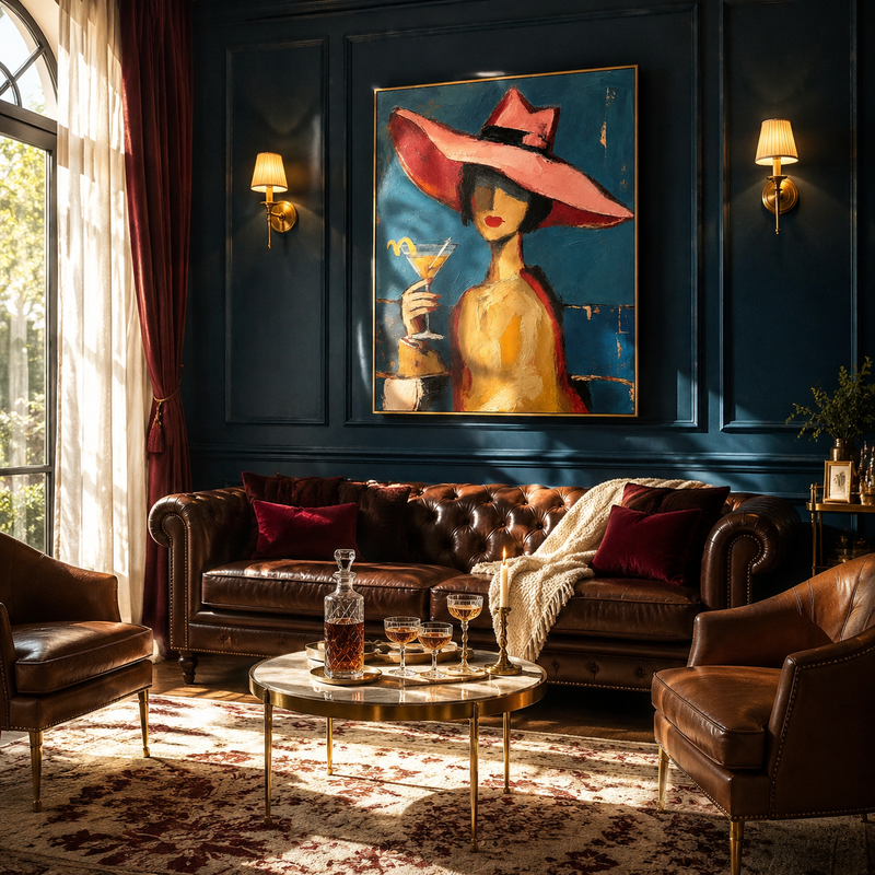 "Retro Woman with Martini" – Tactile Mid-Century Portrait Artwork | Bold Blue & Warm Ochre Impasto Wall Decor | Contemporary Vertical Statement Piece#PE 009
