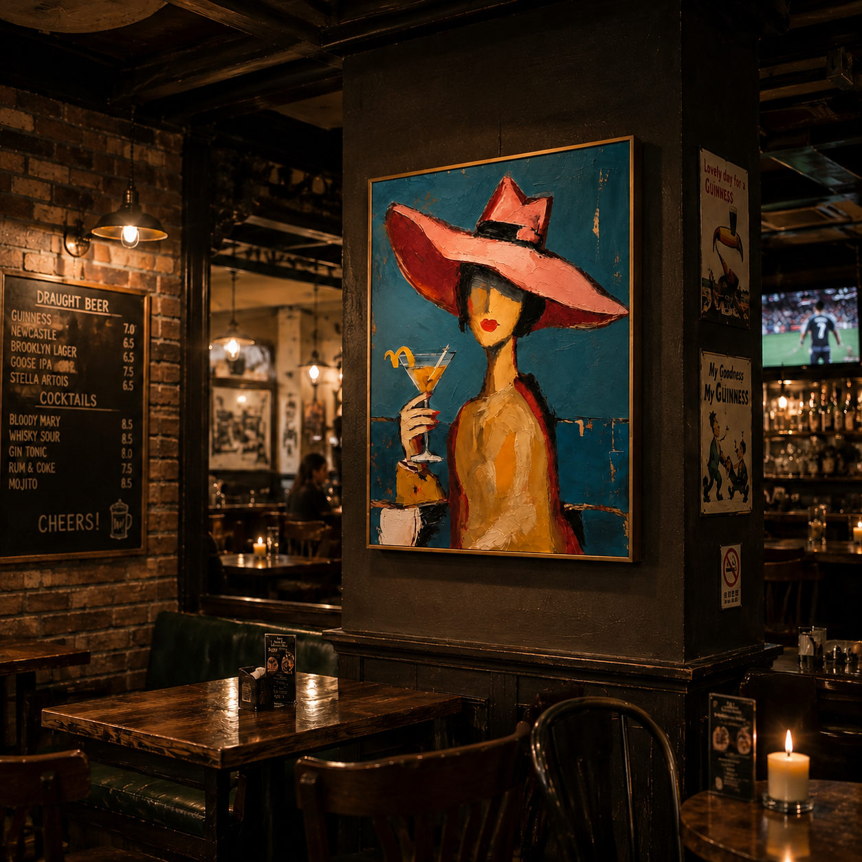 "Retro Woman with Martini" – Tactile Mid-Century Portrait Artwork | Bold Blue & Warm Ochre Impasto Wall Decor | Contemporary Vertical Statement Piece#PE 009