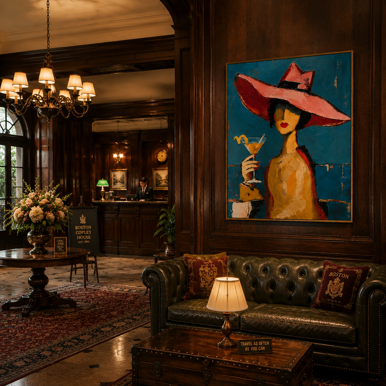 "Retro Woman with Martini" – Tactile Mid-Century Portrait Artwork | Bold Blue & Warm Ochre Impasto Wall Decor | Contemporary Vertical Statement Piece#PE 009