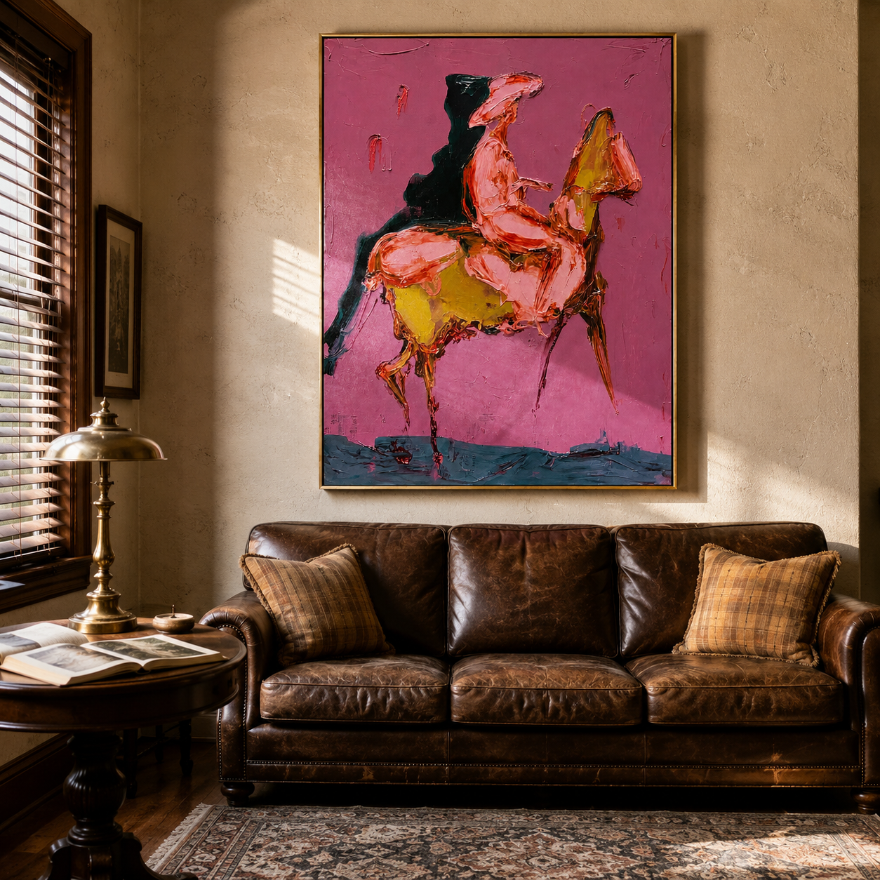 "Abstract Horse and Rider" – Tactile Expressionist Artwork | Bold Pink & Warm Earth Tones Impasto Wall Decor | Contemporary Vertical Statement Piece#AB 002