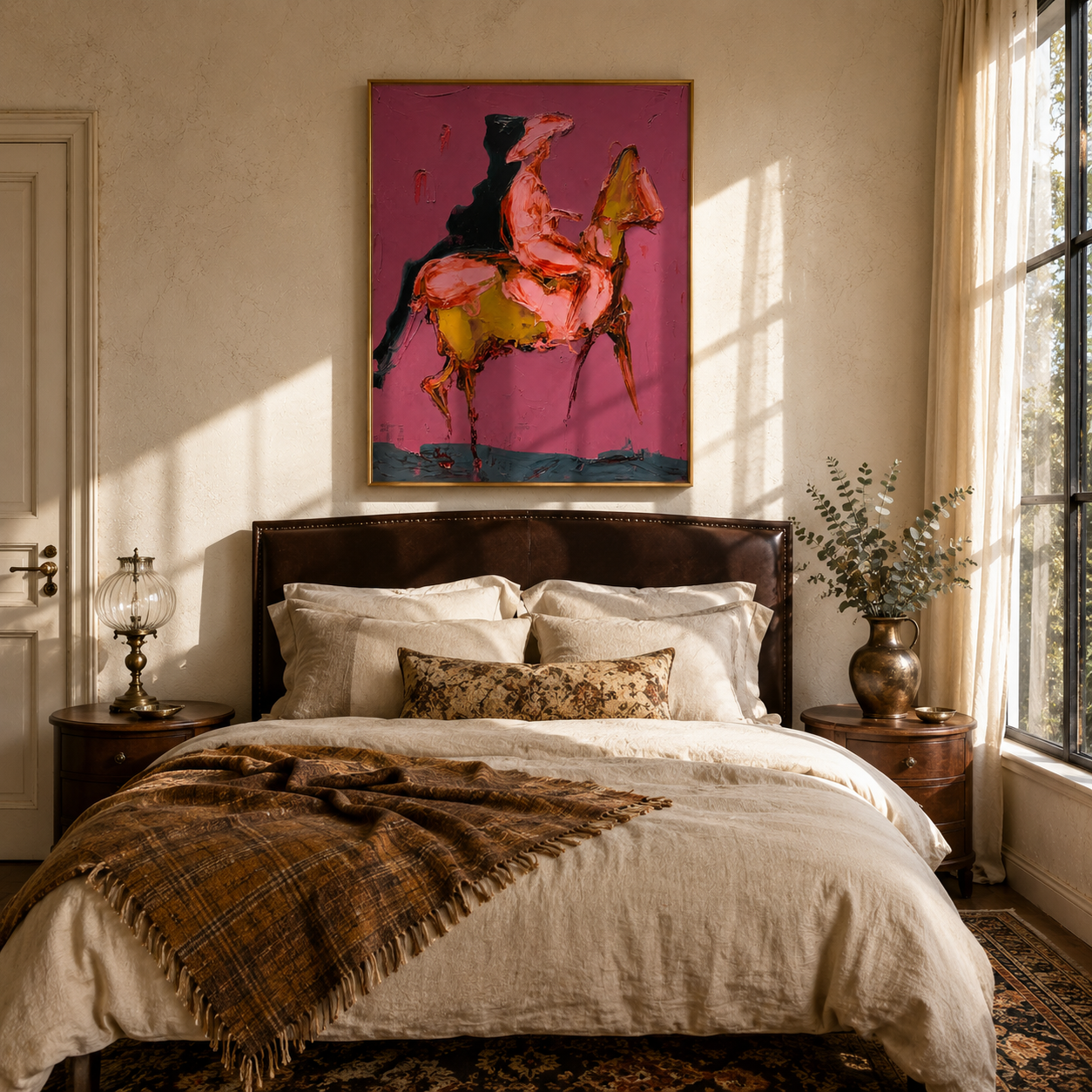 "Abstract Horse and Rider" – Tactile Expressionist Artwork | Bold Pink & Warm Earth Tones Impasto Wall Decor | Contemporary Vertical Statement Piece#AB 002