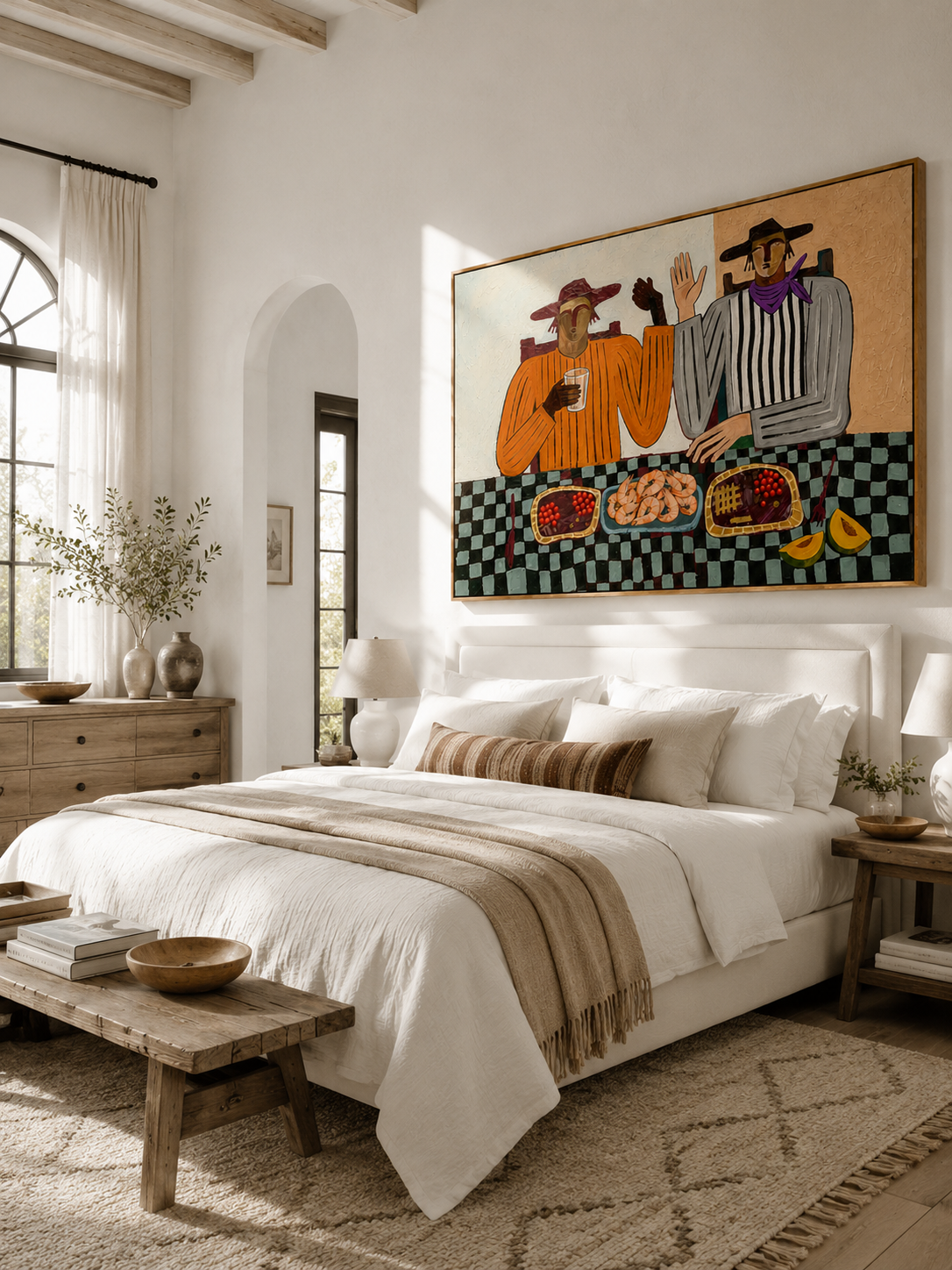 "Dinner Companions" – Modern Heavy Impasto Folk Art | 3D Terracotta & Sage Palette Knife Painting | Luxury Horizontal Wall Art #PE 021